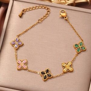 Gold Plated Stainless Steel Multi-Color Clover Bracelet